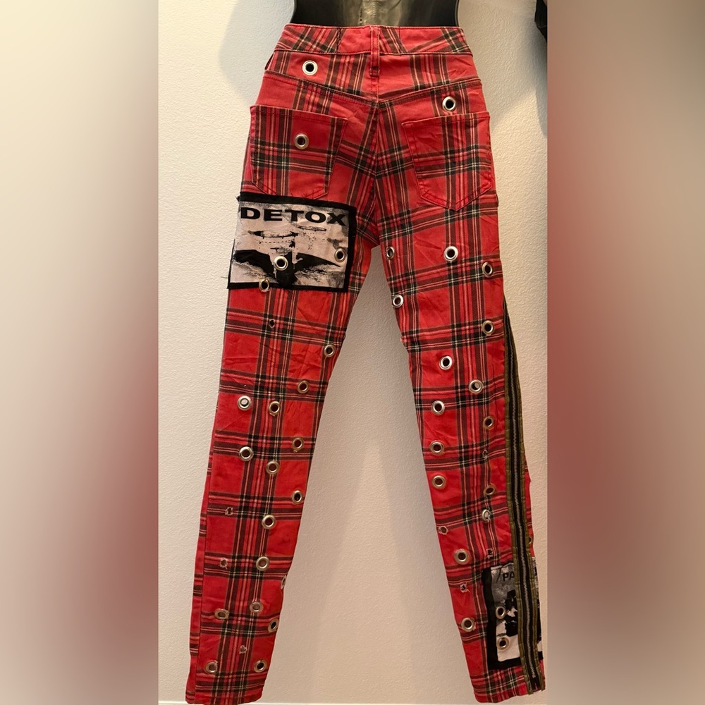 Roth 660 Custom Made Red Plaid Grunge Patched Pants Embellished With Grommets. - Picture 7 of 9